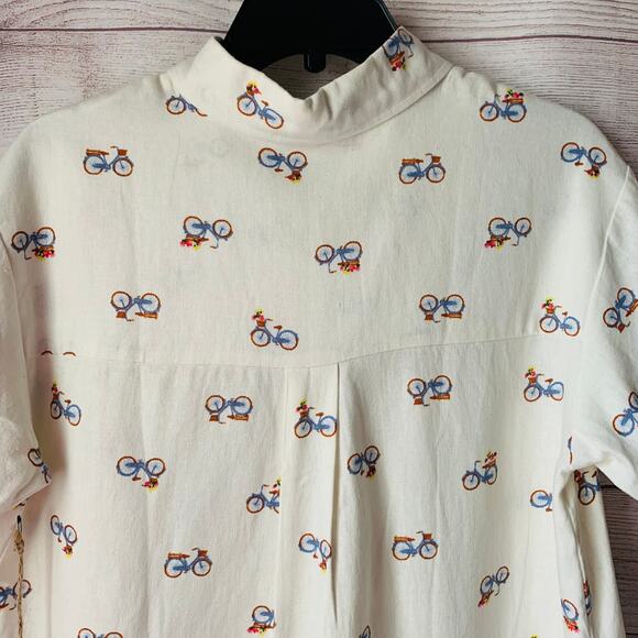 Rae Dunn Women's Linen Bicycle Pattern Button Up Shirt Short Sleeve Collar Large - Picture 6 of 16
